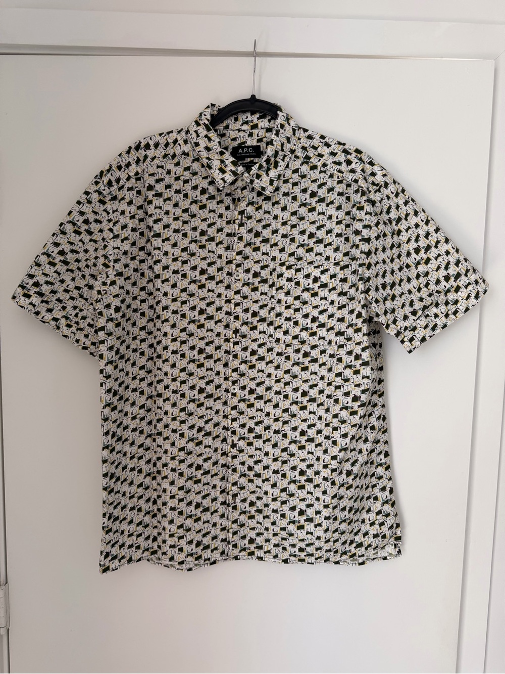 A.P.C. Short Sleeve Button-Down Shirt in White, Black and Olive